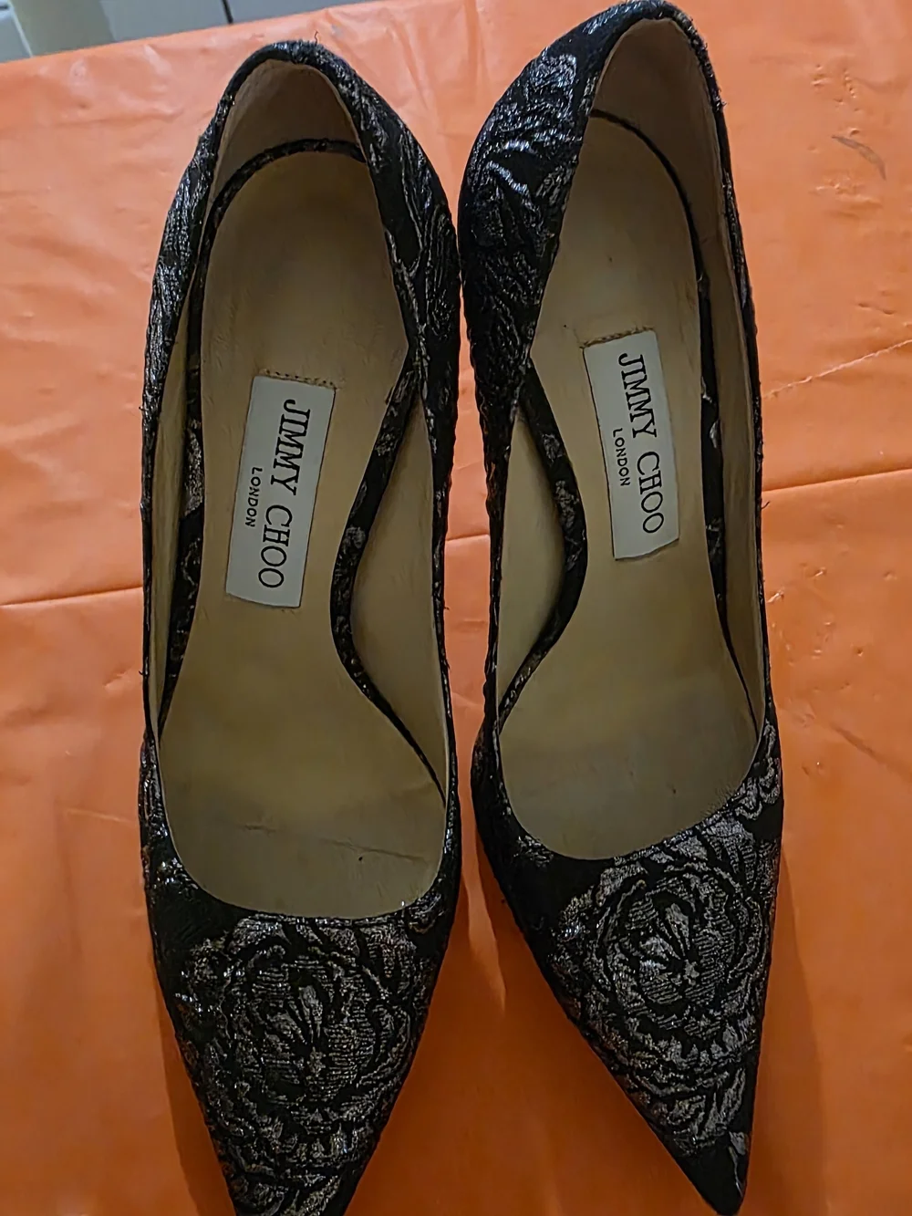Jimmy Choo London Black Metallic Floral Pointed Toe Stiletto Pumps Heels